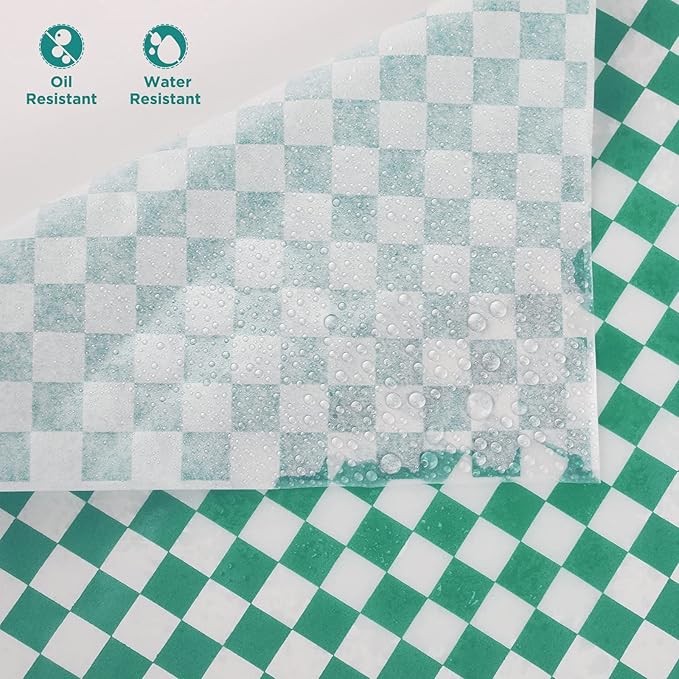 GeeRic Waxed Deli Paper Sheets 12 * 12 Inch, 200 Pcs Food Basket Liners for Sandwiches, Burgers, Checkered Deli Wrap Wax Paper Sheets Green