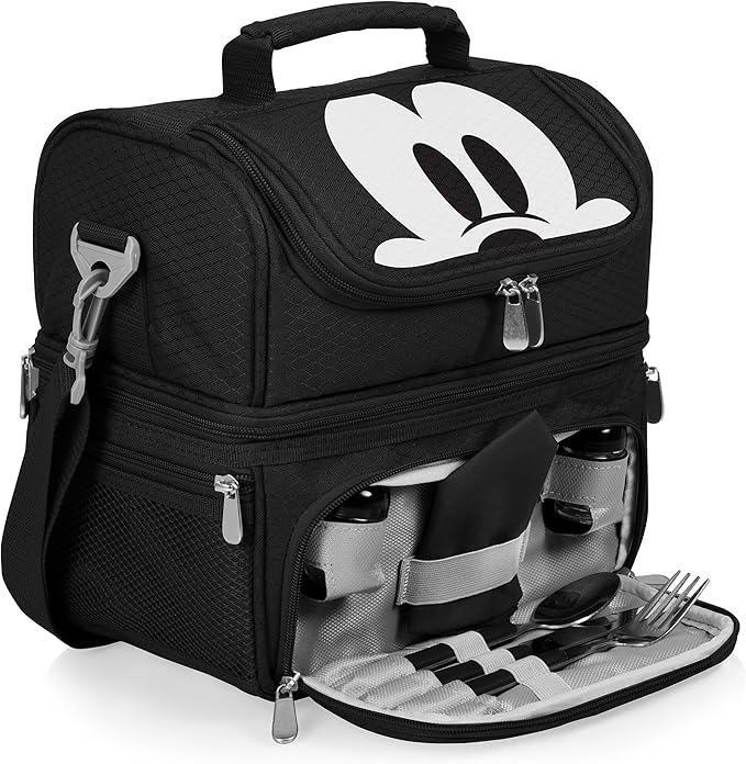 PICNIC TIME Disney Mickey Mouse Pranzo Lunch Bag, Insulated Lunch Box with Utensil Set, Lunch Cooler Bag, (Black), 11 x 7.5 x 12