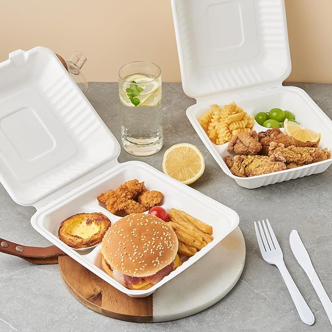 [8X8 3-Compartment 75-Pack Bio Natural Clamshell Take Out Food Containers with Lids, Disposable Bagasse Togo Boxes, Eco-Friendly Biodegradable Made of Sugar Cane Fibers