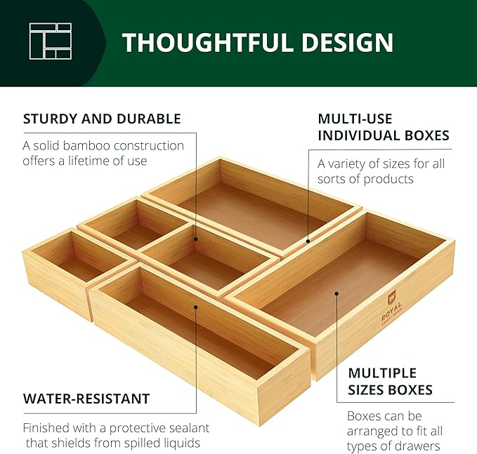 ROYAL CRAFT WOOD 5-Piece Bamboo Drawer Organizer Set – Multi-Use Storage Trays for Kitchen, Bathroom, Office, Makeup, Jewelry & More – Junk Drawer Tray, Utensil Holder, Storage Box & Bin Set (5 Boxes)