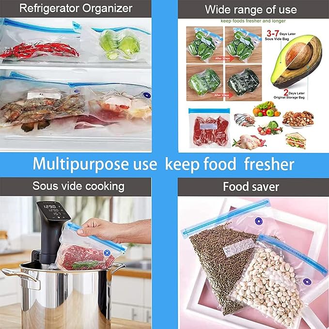 Reusable BPA Free Vacuum Sealer Bags (8.5 * 8.5in), 31 Pcs (24 Pcs Vacuum Zipper Bags & 2 Seal Clips & 5 Air Valves), Plastic, Clear, Double Zipper Seal, Microwaveable, Food Storage, Cooking