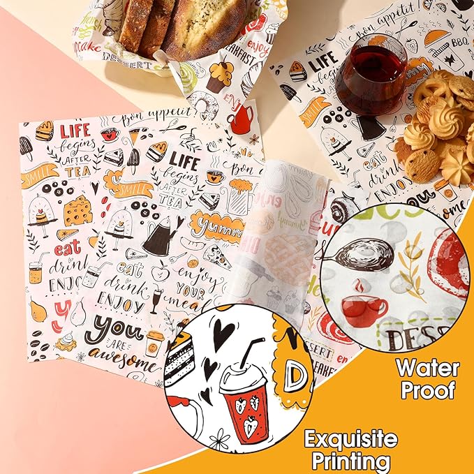 Fumete 600 Pcs 12 x 12 Inch Deli Paper Sheets Bulk Grease Proof Sandwich Wrapping Paper Disposable Kraft Food Tray Basket Liners for Picnic BBQ Festival Party Restaurant Supply, 3 Style Patterns