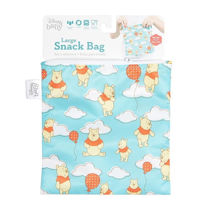 Bumkins Disney Reusable Sandwich and Snack Bags, for Kids School Lunch and for Adults Portion, Washable Fabric, Waterproof Cloth Zip Bag, Travel Pouch, Food-Safe Storage, Large, Winnie the Pooh