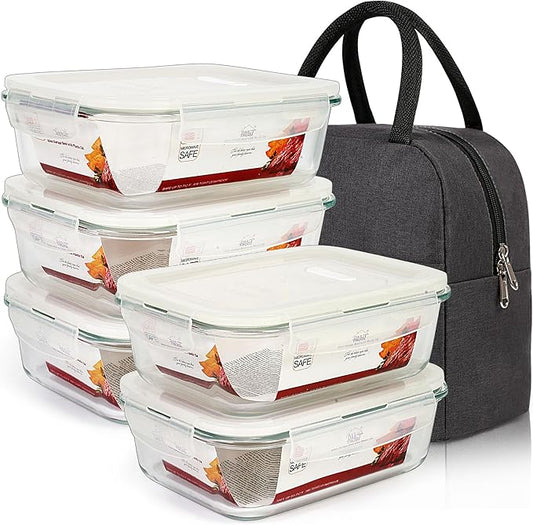 DAS TRUST [5-Packs, 36 Oz. Glass Meal Prep Containers with Locking Lids Glass Food Containers,Airtight Lunch Container,Microwave, Oven, Freezer and Dishwasher (4.5 Cup, Clear)