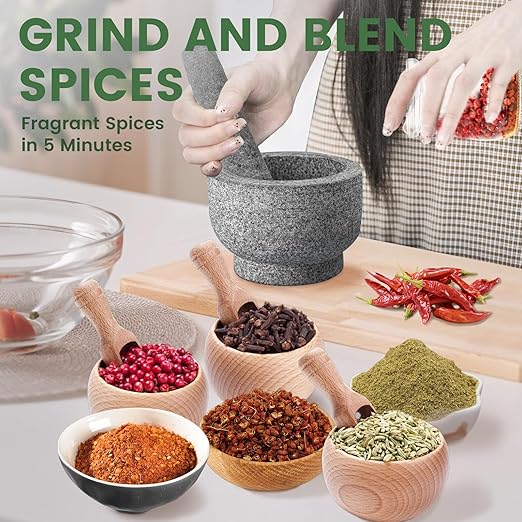 Luvan Mortar and Pestle Set,2 Cups Unpolished Granite Natural Stone Grinder Bowl for Molcajete Guacamole Bowl Crushing/Mexicano Guacamole,Spices Grinder,Herb Crusher,Salsa Pesto-6IN/Gray