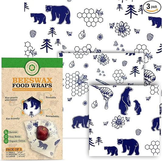 PURE & SUSTAINABLE COMPANY Beeswax Food Wraps – 3-Pack Reusable Organic Cotton Wraps – Washable, Plastic-Free, Eco-Friendly Food Storage – Cute Bear Pattern – (8x8, 11x11, 14x14)