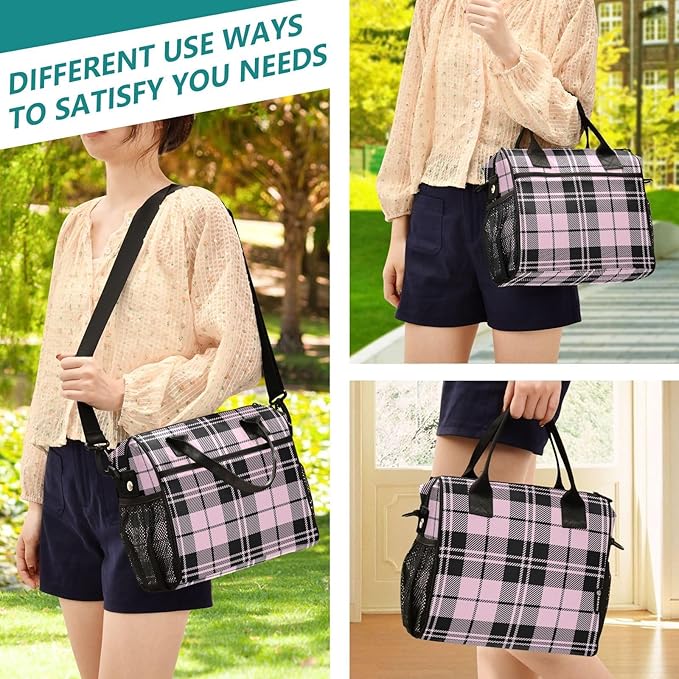 Pink Black Tartan Plaid Valentines Lunch Bag Insulated Cooler Bag Tote Reusable Lunch Box for Women Men Adult Adjustable Shoulder Strap Leakproof for Work Picnic