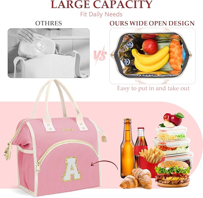 Personalized Initials Lunch Box for Women& Men, Preppy Reusable 10 L Insulated Lunch Bag, Leakproof Large Rdults lunch tote Cooler Bags Insulated for Beach,Travel,Work, Picnic-Birthday Gifts（Pink R）