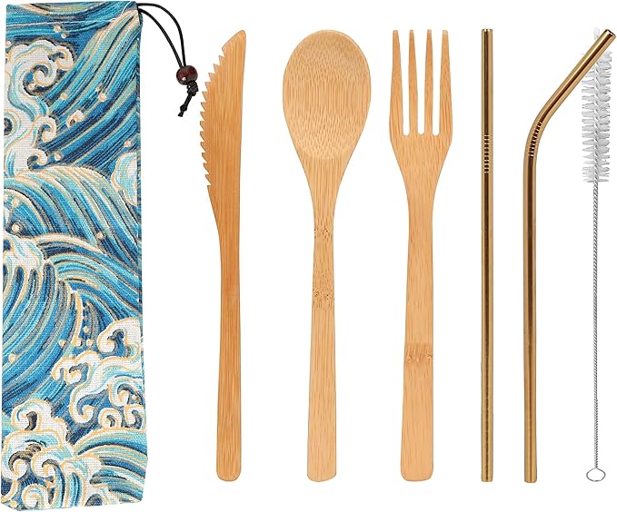 Uptrust Bamboo 2 Set Travel Utensils - Reusable Cutlery with Case, 7.8 Inch Knife, Fork, Spoon, 3 Colors Metal Straw - Golden Straw