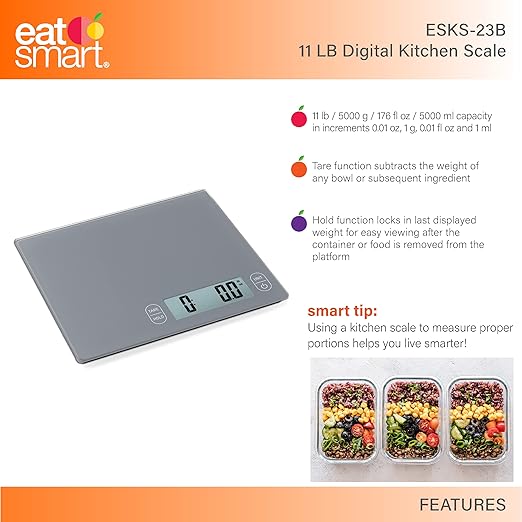 Eat Smart Eat Smart 11lb Food Kitchen Glass Scale, Grey
