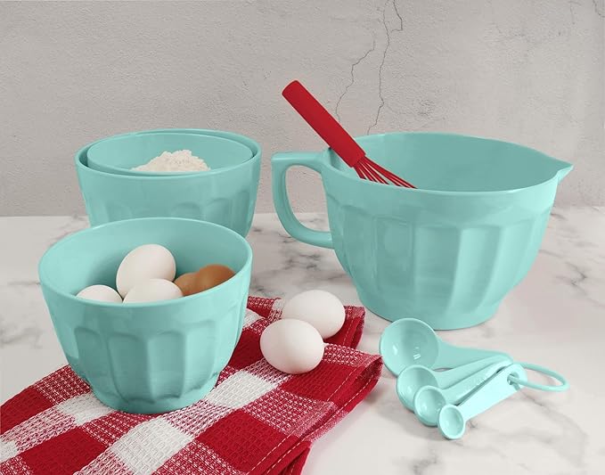 UPware Latte Style Melamine Batter Bowl with Pour Spout, Handle and Non-Slip Base, Grip Handle for Easy Mix and Pour, Home Essentials Cooking and Baking Tools, 4.3 quart, 11.5 x 8.75 Inch, Blue