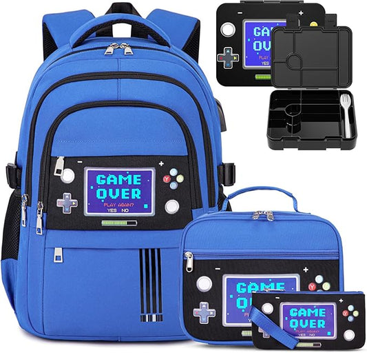 Boys Backpack - Luminous Game Bento Box with Insulated Lunch Bag Pencil Case & Utensils Set for Kids, 6 Leakproof Compartments Removable Tray Lunches or Snack Container (Blue Game Screen)