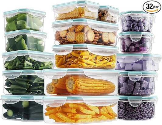 HOMBERKING 32 Pieces Food Storage Containers Set with Snap Lids (16 Lids + 16 Containers), Meal Prep Airtight Plastic Containers, BPA-Free Lunch Containers for Kitchen, Pantry, Home, Light Blue