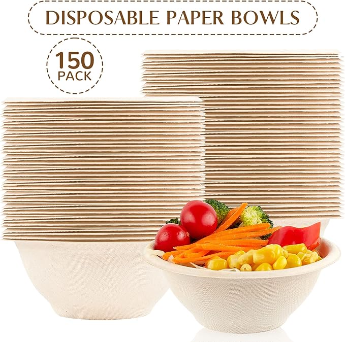 150 Pack 8 oz Paper Bowls Disposable Small Compostable Soup Bowls Natural Sugarcane Biodegradable Bowls for Ice Cream, Desserts, Pet Food