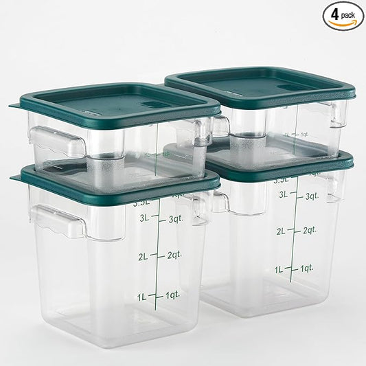 CURTA 4-Pack Food Storage Containers with Blue Lids - 2 Qt & 4 Qt Square Clear Polycarbonate - NSF Listed, Commercial Grade, Freezer & Dishwasher Safe, Stackable