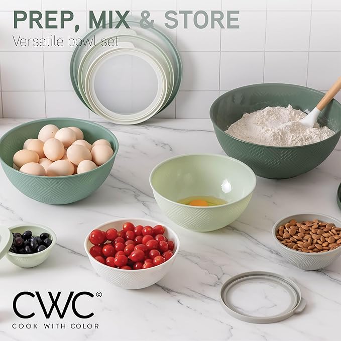 COOK WITH COLOR Mixing Bowls with Lids - 12 Piece Plastic Nesting Bowls Set includes 6 Prep Bowls and 6 Lids, Non Slip Bottom and Rhombus Design - Microwave Safe (Sage)