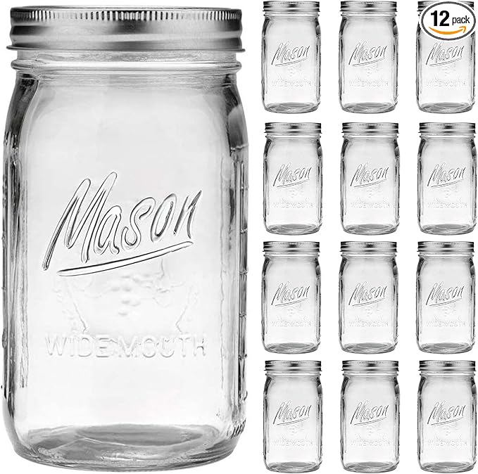 Wide Mouth Mason Jars - 32 oz, 12 Pack Large Glass Jars with Airtight Lids, 1 Quart for Pickling, Canning, Fermenting and Food Storage, Microwave & Dishwasher Safe