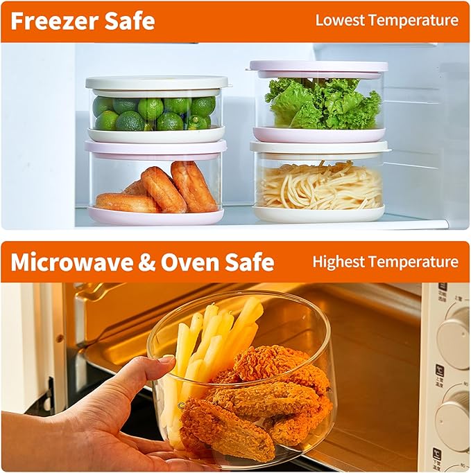 2 Pack Borosilicate Glass Soup Bowls, Glass Food Storage Containers with Lids, Glass Meal Prep Containers, Microwave Safe, Airtight & Leak Proof, for Lunch & Picnics (White & Pink)