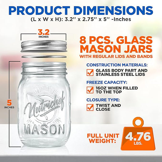 NutriChef 8-Pack 16 oz Mason Jars with Lids - Thick Glass Canning Jars with Stainless Steel Lids - Ideal for DIY Spices, Meal Prep, Overnight Oats, Jelly, Jam, Honey, Candles, Crafts, & More