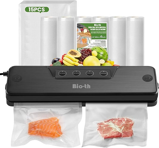 Bio-th Food Vacuum Sealer Machine – Fast & Compact Multi-Functional Vacuum Sealer for Food Storage – Dry & Wet Modes – Includes 15pcs Large Bags (25x30cm) + 6 Rolls – Food Saver Vacuum Sealer Machine