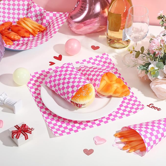 Spakon 1000 Sheets Wax Deli Paper Sheets for Food 12 x 12 Inch Checkered Dry Waxed Deli Basket Liners for Sandwich Wrapping, Food Basket Liners, Picnic party (Hot Pink-white)