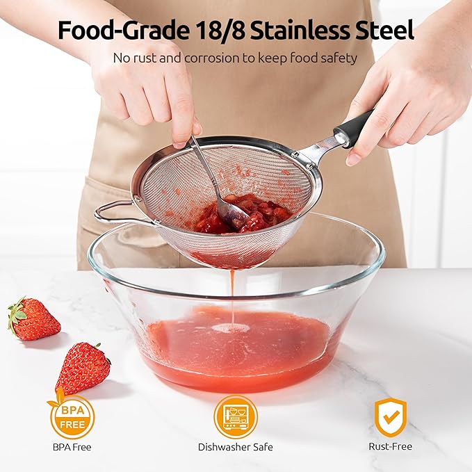 18/8 Stainless Steel Measuring Spoons Set for Dry and Liquid Ingredients (Set of 6), and 4.73in Medium Fine Mesh Strainer with Sturdy Riveted Silicone Handle and Strong Frame (Black)