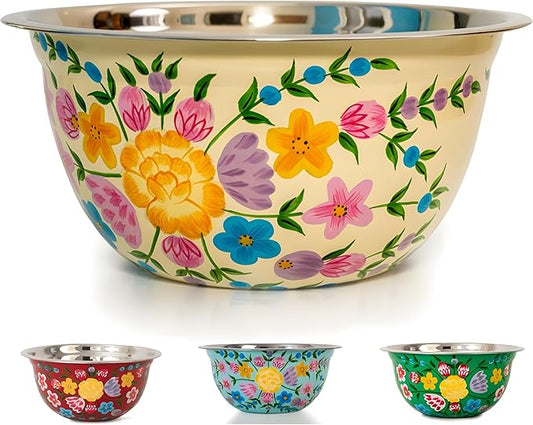 Large Hand Painted Stainless Steel Fruit Bowl - Decorative Floral for Salad Mixing and Serving - Traditional Kashmiri Art for Home Decor (Cream)