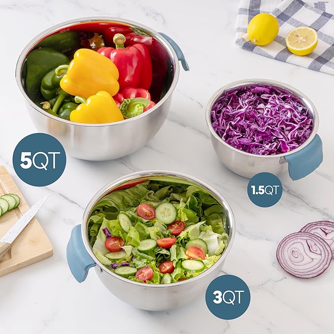 COOK WITH COLOR Stainless Steel Mixing Bowls Set and Measuring Cups- Nesting Bowls with Non-Slip Bottom and Easy-Grip Handles, Blue, 11 Pieces