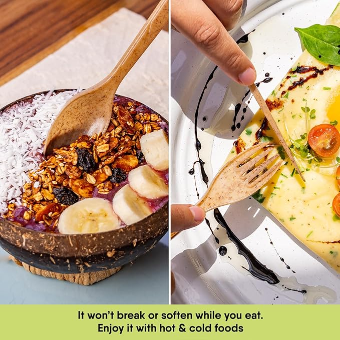 100% Biodegradable Cutlery Made of Vegetable Fibers, 300 PCS of 6.7” Long Heavy-Duty and Splinter Free Eco-Friendly Spoons, Forks & Knives, Perfect Sustainable Cutlery by The Veggie Straws