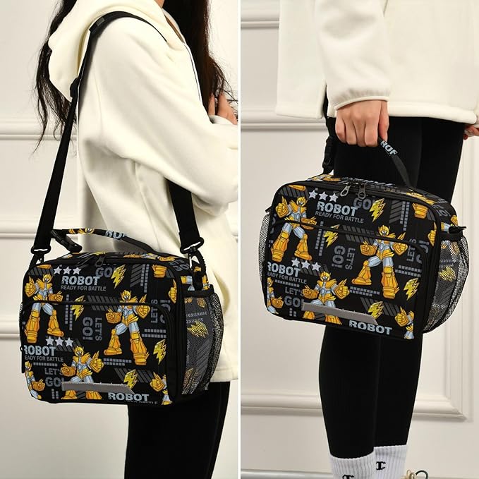 Pfrewn Yellow Robots Lunch Box Kids School Students Insulated Lunch Bag with Shoulder Strap for Office Adults Reusable Cooler Bags Lunch Tote