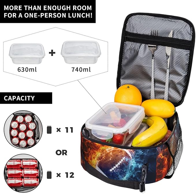SARA NELL Colorful Fireball Football Lunch Box American Football Lunch Bag Insulated Reusable Portable Lunch Tote Cooler Bag for Women Men Teens Kids, Office Work School Travel Lunchbox