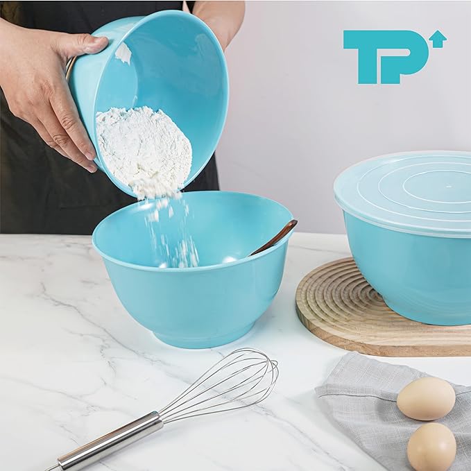 TP Mixing Bowls with Lids, 6-Piece Nesting Melamine Bowls Set for Prepping Serving Baking Cooking, Non Slip Bottom, Set of 3, Glossy Turquoise