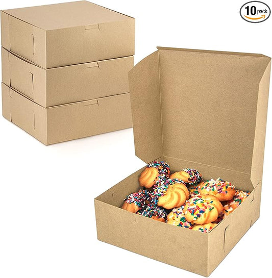 Fit Meal Prep 10 Pack Kraft Bakery Boxes, 8 x 8 x 3 Inches Brown Pastry Boxes, Cardboard Treat Boxes Pie Boxes Cookie Boxes Dessert Boxes for Cupcakes, Chocolates, Donuts, Macarons