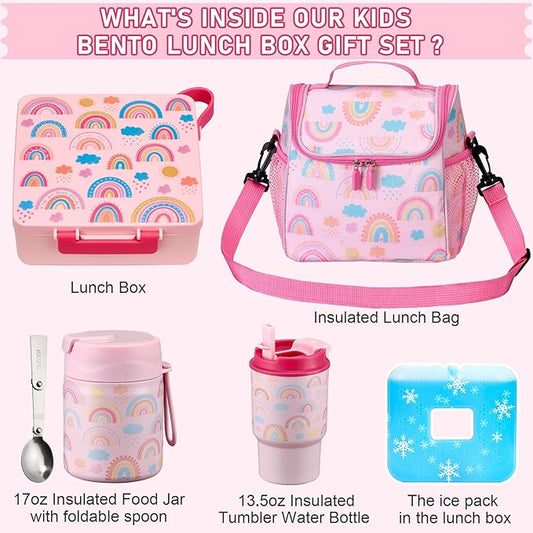 Bento Lunch Box for Kids with 17oz Soup Thermo,Insulated Tumbler Water Bottle and Insulated Lunch Bag,Leak-Proof 3 Compartment Lunch Food Container with with Ice Pack for Kids to School-Rainbow