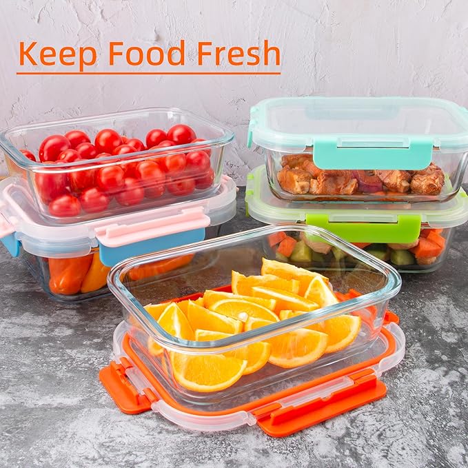 Glass Meal Prep Containers with Lids(5 Pack, 34oz), Glass Food Storage Containers for Lunch at Work, Leak-proof Food Containers, Microwave/Dishwasher Safe