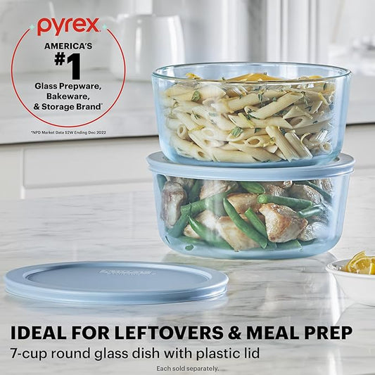 Pyrex Colors (7 Cup) Tinted Glass Large Round Food Storage Container, Snug Fit, BPA-Free Lids, Freezer Dishwasher Microwave Safe, Blue, 7.5" Dia 3.25" High (All measurements are approximate.)