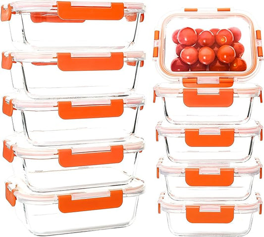 10 Pack Glass Meal Prep Containers Set, Food Storage Containers with Airtight Lids, Glass Lunch Bento Boxes,Dishwasher Safe,orange