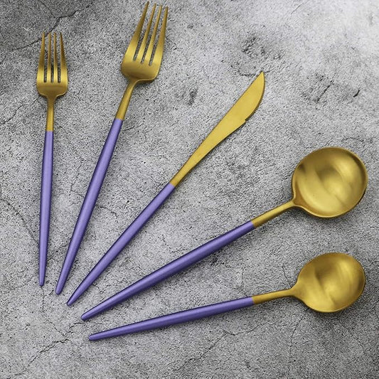 20-Piece 18/10 Stainless Steel Flatware Silverware, Luxury Dinnerware Set Travel Cutlery Tableware Include Knife Fork Spoon Service for 4, Dishwasher Safe (Purple Handle Matte Gold)