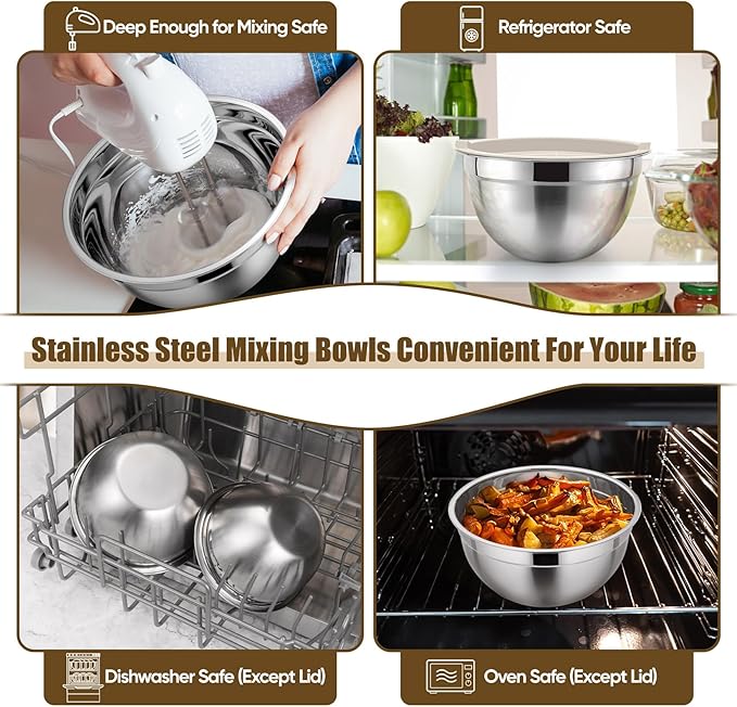 P&P CHEF Mixing Bowl with Lid Set of 5, 10-Piece Stainless Steel Nesting Salad Bowl Set for Prepping, Mixing and Serving, Size 4.6, 3, 1.5, 1, 0.7 QT, Rimmed Edges & Flat Base, Khaki