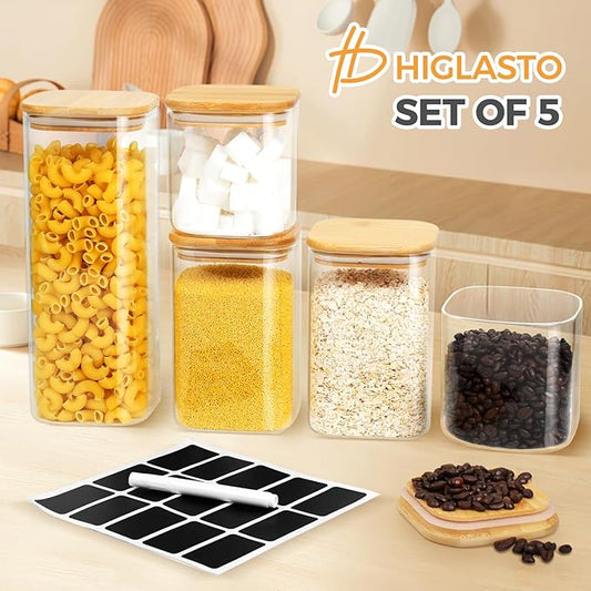 Glass Food Storage Jars with Bamboo Lids Square, Includes 1 Set of 74oz, 2 Set of 41oz & 27oz Storage Kitchen Canisters Pantry For Cookies Cereal Nuts Coffee Beans (Set of 5)