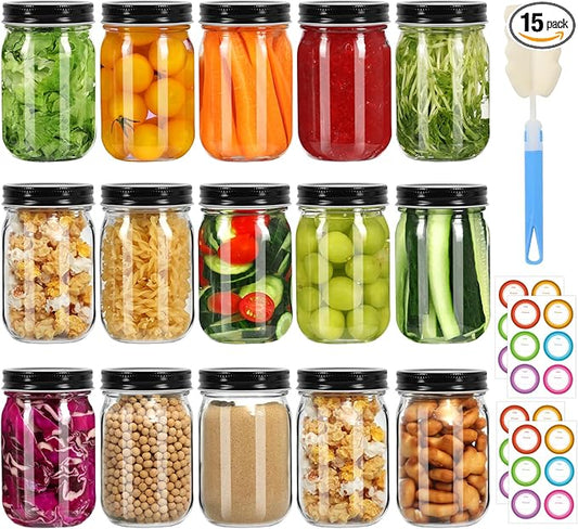 Mason Jars 16 oz with Black Lids, 15 Pack Canning Jars, Clear Regular Mouth Glass Jars for Canning and Fermenting, Labels & Brusher Included - Microwave & Dishwasher Safe