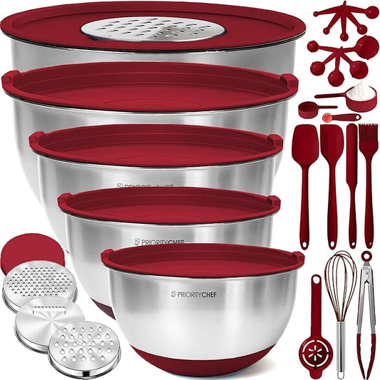 Priority Chef 28Pc Stainless Steel Mixing Bowls with Lids Set, Non-Slip Base, Air Tight Lids, 3 Graters and Utensil Set, Large Metal Nesting Bowls for Kitchen, Red