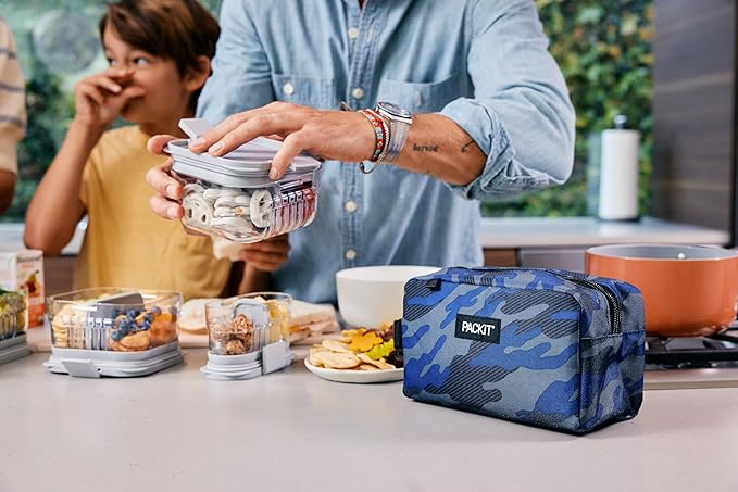 PackIt Mod Mini Bento Food Storage Container, Steel Gray, Shatterproof Crystal Clear Base, with Leak-resistant Divider and Lid, Microwavable, Dishwasher Safe, Designed for Snacks, 1 Cup Capacity