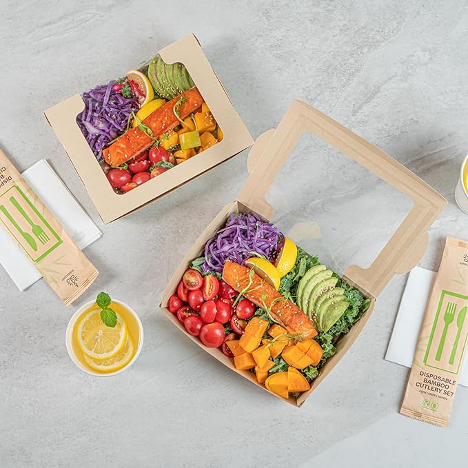 Restaurantware-Sustain 40 Ounce Sturdy Paper Take Out Boxes, 50 Disposable Take Out Food Containers - With PLA lining, Clear PLA Window, Bamboo Paper Containers, Compostable, Tab-Lock Design