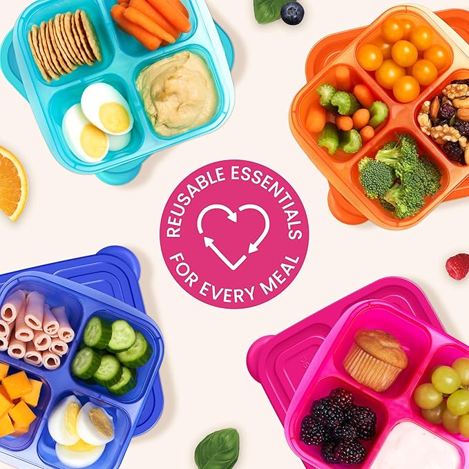 Bentgo Easyboxes 4-Compartment Snack Containers - 20-Piece Set with 10 Trays & 10 Custom-Fit Lids to Seal in Freshness - Reusable Food Storage & Meal Prep Bento BPA-Free Containers (Jewel Brights)