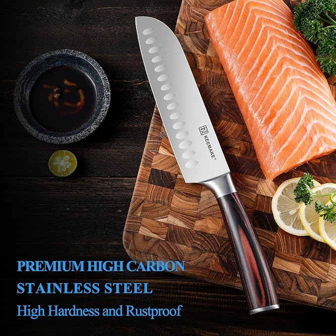 KEEMAKE Santoku Knife 7 Inch - Ultra Sharp Kitchen Knife with High Carbon Stainless Steel Blade Japanese knife, Santoku Chef Knife with Ergonomic Pakkawood Handle and Gift Box Included