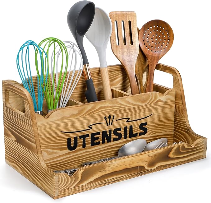 15" Kitchen Utensil Holder with Spice Bottles Tray, Extra Large Wood Countertop Utensil Organizer with Handles, 4 Compartment Cooking Tool Storage Caddy for Home Decor Gift
