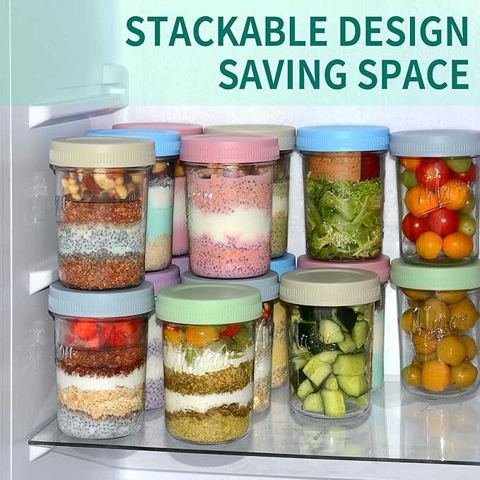 16 oz Overnight Oats Containers with Lids, 4-Pack Leak-Proof Wide Mouth Mason Jars & Separate Compartments for Fruits/Nuts, Airtight Glass Jars for Chia Pudding, Yogurt, Parfait and Salad