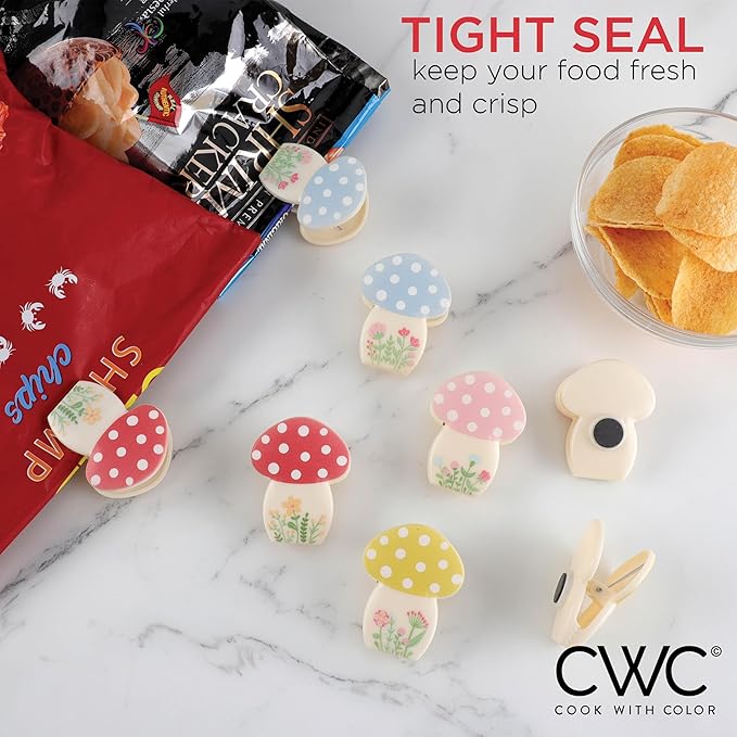 COOK WITH COLOR Cute Bag Clips - Magnetic Snack Clips for Airtight Food Storage, Spring Mushroom Design, Pack of 8