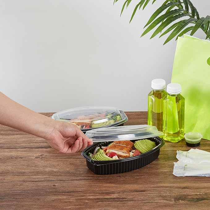 Restaurantware RW Base 28 Ounce Meal Prep Containers, 100 Microwavable To Go Containers With Lids - Disposable, Freezable, Black Plastic Oval Food Containers, Pack Hot And Cold Food, For Takeaway